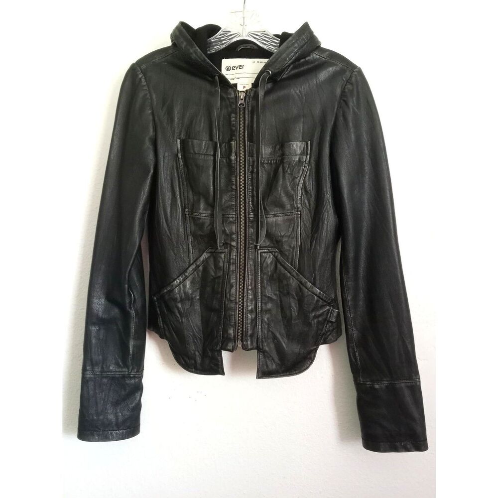 EVER Leather Hoodie Jacket NWOT Moto S XS Black Distressed Zip Lined Pockets